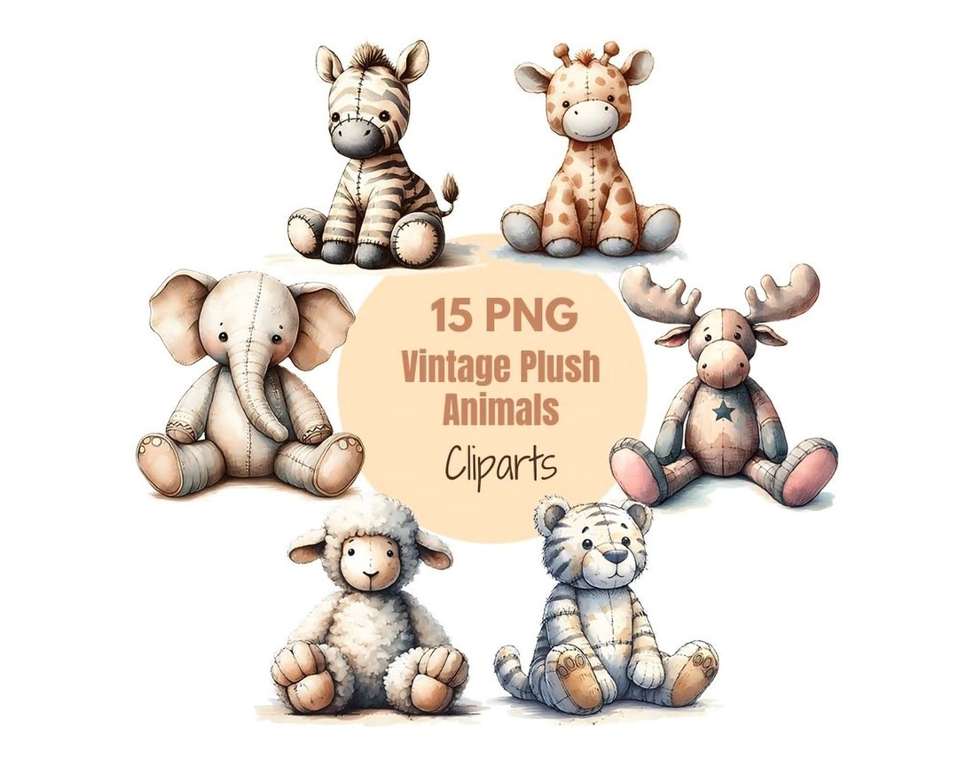 Vintage Plush Animal Clipart Bundle: Watercolor Nursery Art (digital ...