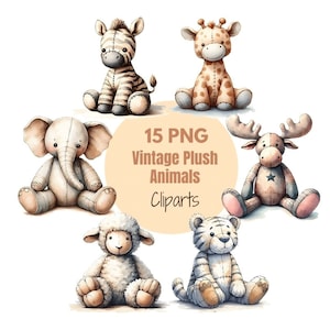 Pacote de clipart de animais de pelúcia vintage, animais em aquarela, clipart de berçário, animais fofos, clipart de chá de bebê, arte de berçário, uso comercial