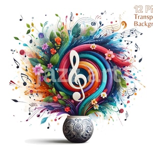 Imágenes prediseñadas de notas musicales en un jarrón de acuarela: paquete de PNG de música floral (uso comercial)