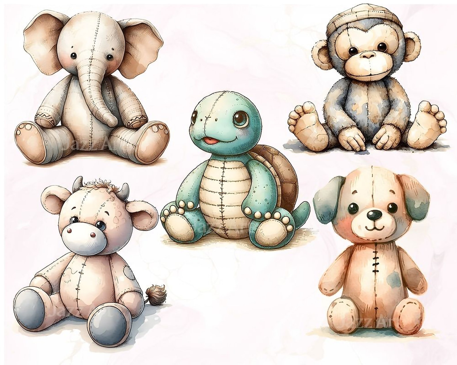 Vintage Plush Animal Clipart Bundle: Watercolor Nursery Art (digital ...