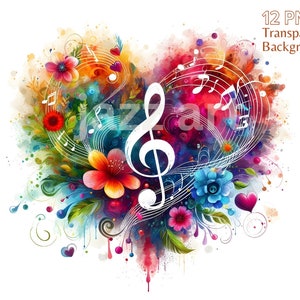 Paquete de imágenes prediseñadas de notas musicales de corazón, gráficos de notas musicales de acuarela, arte musical floral, decoración de pared png, imágenes prediseñadas de clave de sol, uso comercial