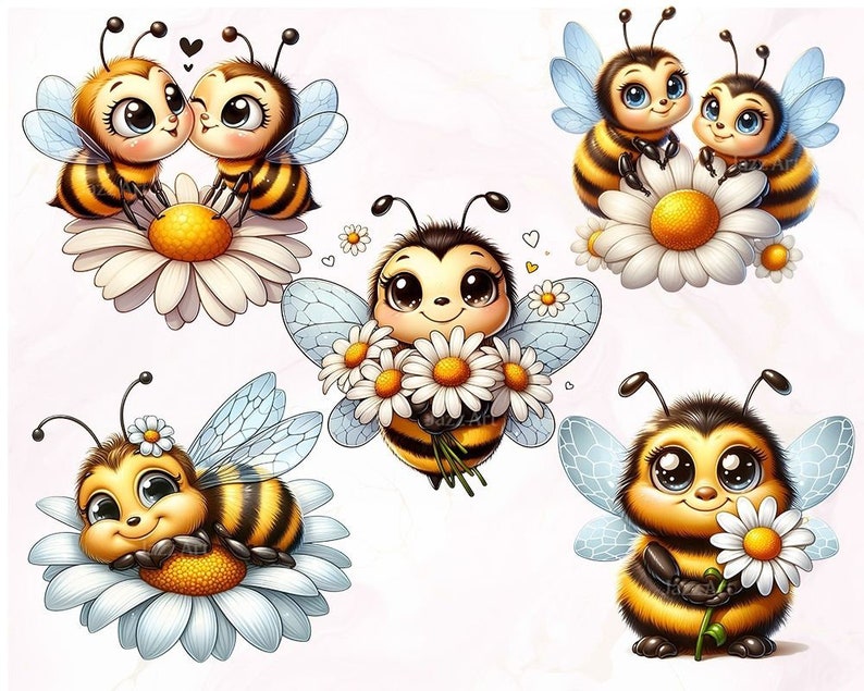 May include: Five cartoon bumblebees with large eyes and smiling faces. Each bee is holding a daisy flower with white petals and yellow centers. The bees are yellow and black with brown fuzzy bodies and translucent wings.