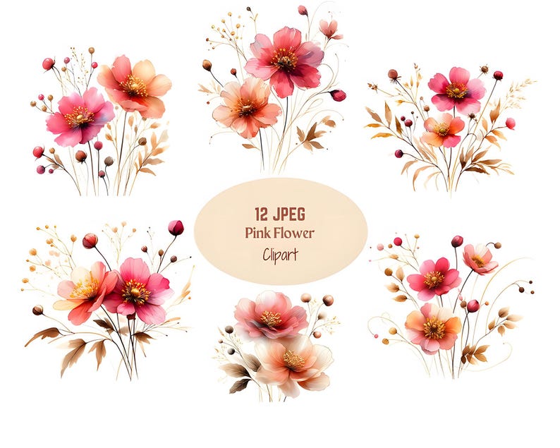Pink Watercolor Flower Clipart Bundle: Blush & Rose Floral PNG (digital ...