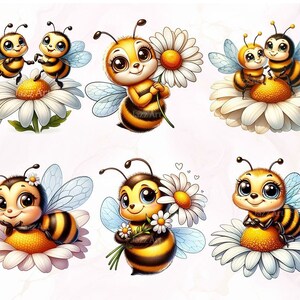 May include: Six cartoon bees with large eyes and wings are shown on a white background. Each bee is sitting on a white daisy with a yellow center. The bees are all smiling and have different expressions.