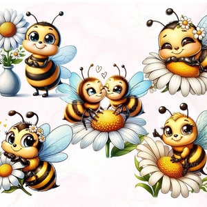 May include: Five cartoon bees with big eyes and smiles are shown on a white background. Each bee is sitting on a white daisy with a yellow center. The bees are all different colors and have different expressions.