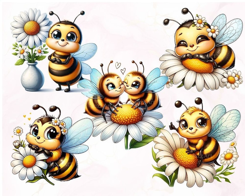 May include: Five cartoon bees with big eyes and smiles are shown on a white background. Each bee is sitting on a white daisy with a yellow center. The bees are all different colors and have different expressions.