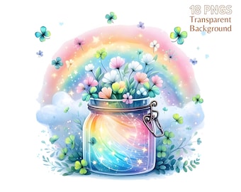 Pastel Rainbow Shamrock Clipart Bundle: St Patricks Day PNG Graphics (Commercial Use)