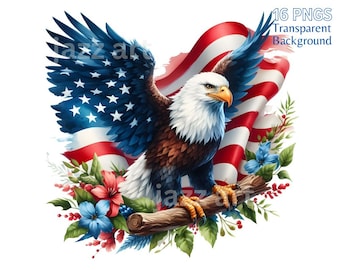 Patriotic Bald Eagle Clipart: USA Watercolor PNG Bundle (Commercial Use)