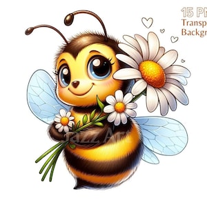 May include: A cartoon bee with big blue eyes and a fuzzy yellow and black body holds a bouquet of white daisies with yellow centers.