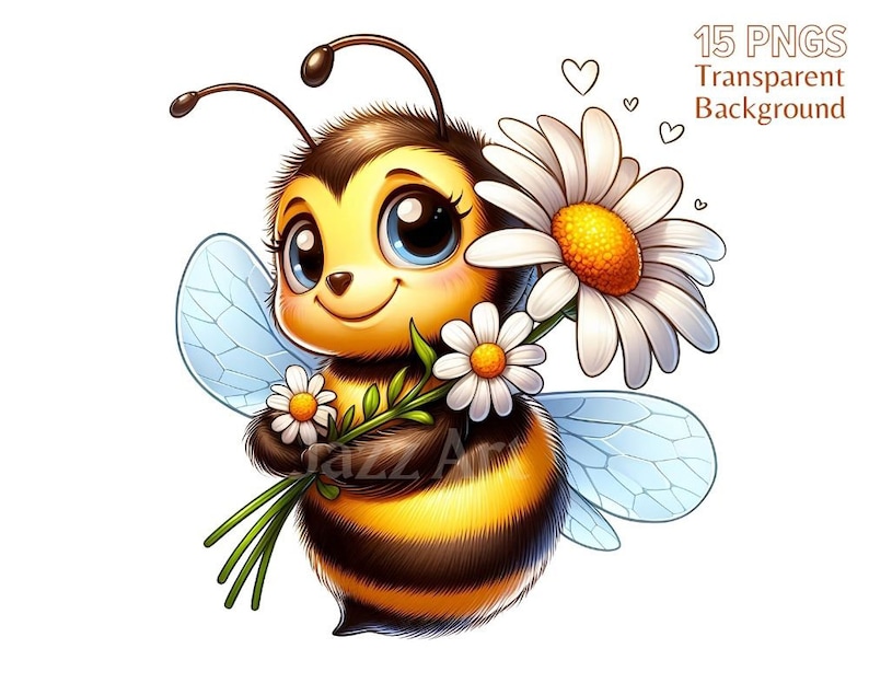 May include: A cartoon bee with big blue eyes and a fuzzy yellow and black body holds a bouquet of white daisies with yellow centers.