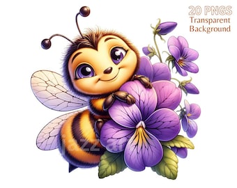 Floral Bee Clipart Bundle: Watercolor Bee PNG, Commercial Use (Digital Download)