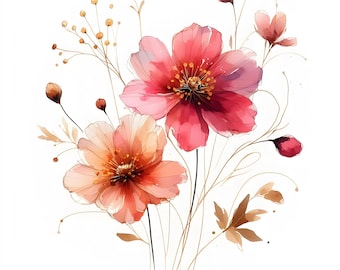 Pink Watercolor Flower Clipart Bundle: Blush & Rose Floral PNG (Digital Download)