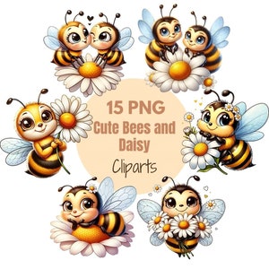 May include: A set of 15 digital clipart images featuring cute cartoon bees and daisies. The bees are yellow and black with big eyes and smiles. The daisies are white with yellow centers. The text "15 PNG Cute Bees and Daisy Cliparts" is in the center of the image.