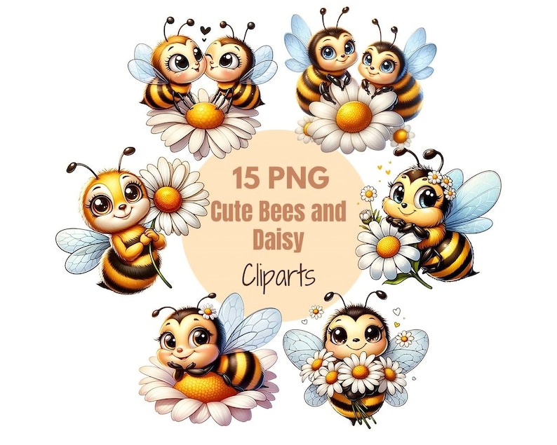 May include: A set of 15 digital clipart images featuring cute cartoon bees and daisies. The bees are yellow and black with big eyes and smiles. The daisies are white with yellow centers. The text "15 PNG Cute Bees and Daisy Cliparts" is in the center of the image.