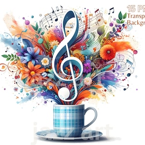 Paquete de imágenes prediseñadas de tazas y notas musicales, gráficos png de música de acuarela, decoración de pared de música, imágenes prediseñadas florales musicales, imágenes prediseñadas de flores, uso comercial