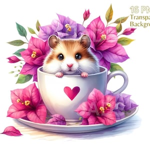 Pacchetto clipart criceto e fiori in tazza, criceto acquerello, fiore primaverile acquerello, clipart primaverile, criceto e tazza png, uso commerciale