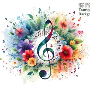 Muzieknoten clipartbundel, aquarel muzieksymbolen, muziek clipart png, muziek wanddecor, melodie print graphics, notitiekunst, commercieel gebruik