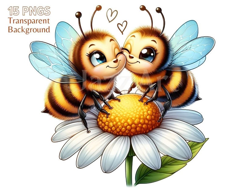 May include: Two cartoon bees with big eyes and wings are kissing on a white daisy with a yellow center. The bees are yellow and black with fuzzy bodies.