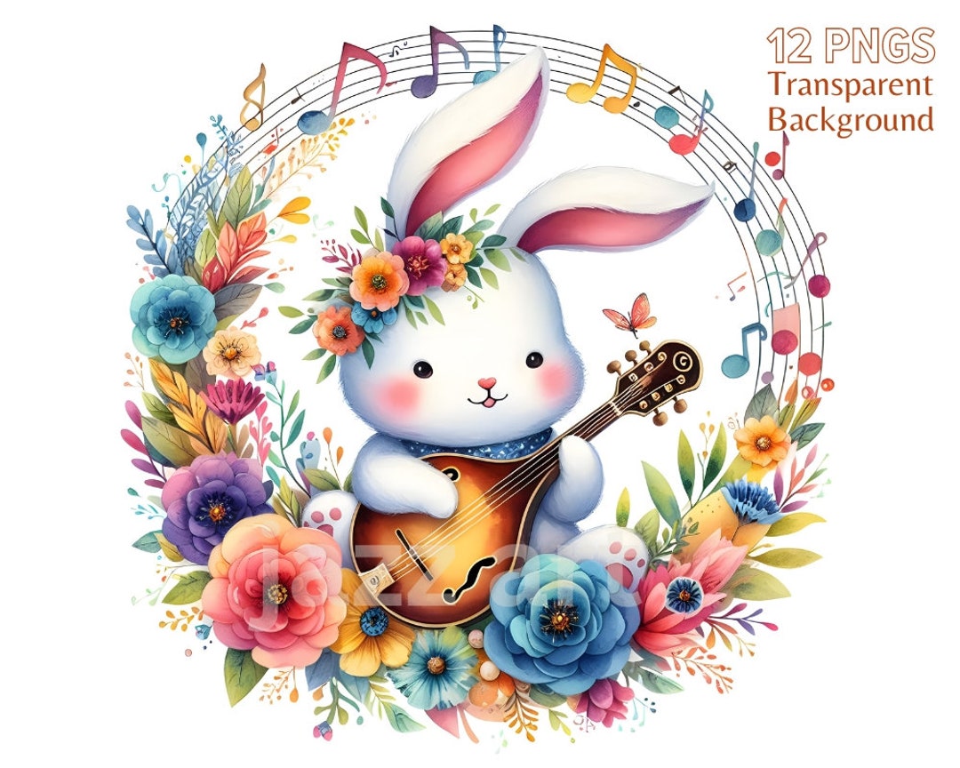 Musical Bunny Rabbit Watercolor Musical Bunny Clipart: Animal PNG Bundle (commercial Use) - Etsy
