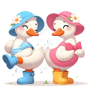 Pode incluir: Dois patos de desenho animado usando chapéus e botas. Um pato está usando um chapéu azul com uma margarida branca, uma camisa listrada azul e branca e botas azuis. O outro pato está usando um chapéu rosa com uma margarida branca, um vestido rosa e botas amarelas.