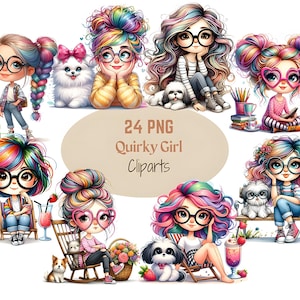 24 Quirky Girl Clipart Bundle, Scrapbook Girl Graphics, Quirky Rainbow Girl, Messy Girl Clipart, Whimsical Clipart PNG, Commercial Use