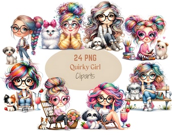 Quirky Girl Clipart Bundle: Rainbow Hair Graphics (PNG, Commercial Use)