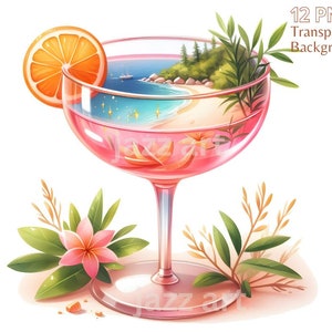 Pacchetto clipart cocktail tropicale rosa, clipart estiva, cocktail rosa png, grafica estiva, bevande acquerello, bevande png, uso commerciale