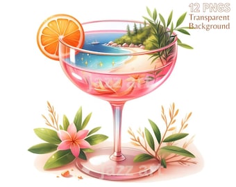 Pink Tropical Cocktail Clipart: Summer Watercolor Drinks (PNG Digital Download)