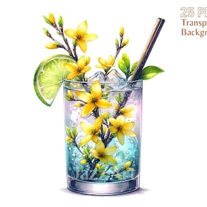 Bloemencocktails clipartbundel, zomerclipart, cocktail png-afbeeldingen, zomerdrankjes, tropische clipart, aquarelcocktail, commercieel gebruik