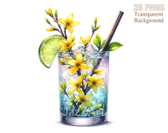 Watercolor Floral Cocktail Clipart: Summer Drink PNG Bundle (Commercial Use)