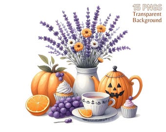 Fall Tea Time Clipart: Watercolor Autumn Tea Party (PNG, Commercial Use)