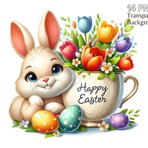 Pacchetto di clipart di coniglietto pasquale e tazza da tè, grafica pasquale, disegni di png pasquali, buona Pasqua, coniglietto acquerello png, coniglio carino, uso commerciale