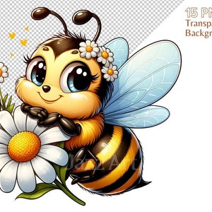 May include: A cartoon bee with large, blue eyes and a yellow and black striped body is perched on a white daisy with a yellow center. The bee has a crown of white flowers on its head and is smiling.