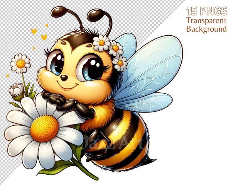 May include: A cartoon bee with large, blue eyes and a yellow and black striped body is perched on a white daisy with a yellow center. The bee has a crown of white flowers on its head and is smiling.