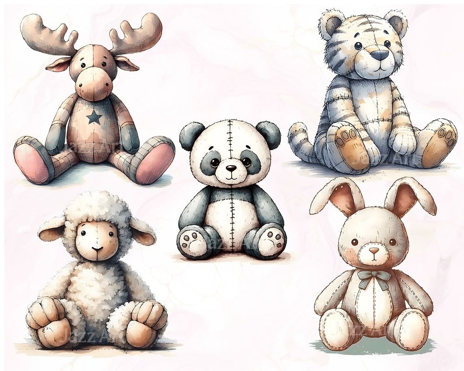 Vintage Plush Animal Clipart Bundle: Watercolor Nursery Art (digital ...