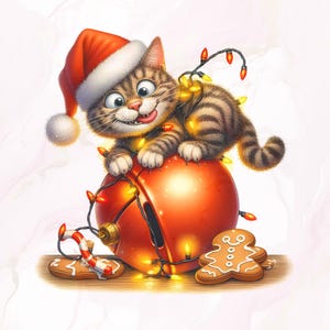 Bundle de cliparts chat de Noël, lumières de Noël originales, clipart Noël drôle, chaton de Noël png, clipart chat de vacances, usage commercial