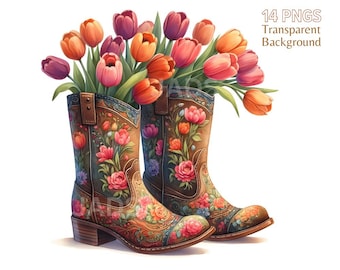 Garden Boots & Spring Flowers Clipart: Botanical PNG Bundle (Digital Download)