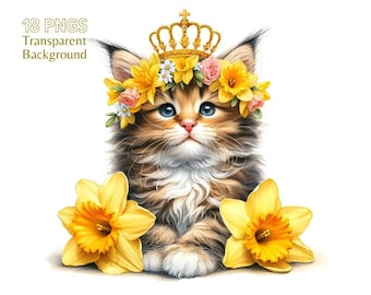 Watercolor Cats & Flowers Clipart Bundle (18 PNGs)