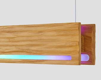 Smart RGB Hanging Oak Lamp for Kitchen Island, LED Lamp Coworker Gift, Custom Wooden Linear Pendant Light, Minimalist MCM Ceiling Fixture