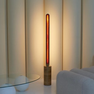 Tall Wooden Red Epoxy Lamp with Warm Amber Glow, Modern Floor Lamp for Living Room, Epoxy Resin Lamp With Oak Base, Stylish Tall Linear Lamp