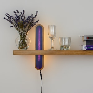 Handmade Floating Wooden Shelf with Integrated LED Lamp, Purple Epoxy Lamp, Custom Book Shelves, Shelf For Living Room, Housewarming Gift