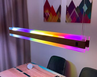Smart RGB LED Resin Chandelier, Oak Pendant Light with App Control & Music Sync, Modern Linear Lamp for Kitchen Island or Dining Table