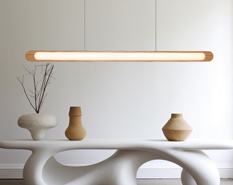 Minimalist Pendant Lamp, Wooden LED Ceiling Light, Nordic Linear Lighting Fixture, Kitchen Island Hanging Lamp, Dinning Room Oak Chandelier