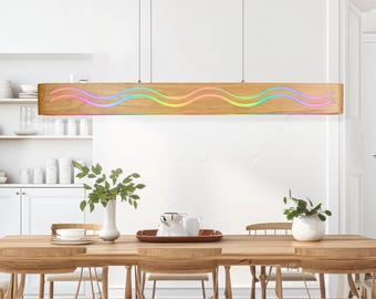 Wave Epoxy Resin LED Pendant Lamp, RGB Wood Linear Chandelier Light for Kitchen Island, Dining Room, or Reception Ceiling Mount Lamp