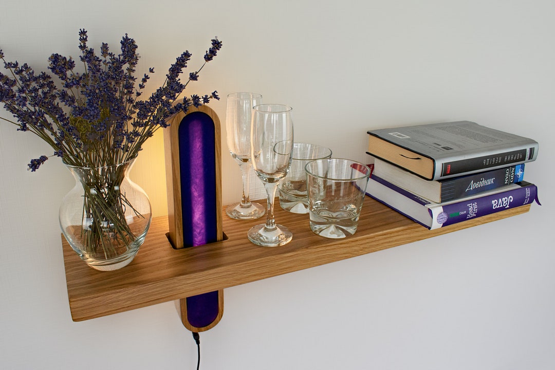 Oak Floating Shelf With Epoxy Resin Lamp, Wooden Wall Shelf With ...