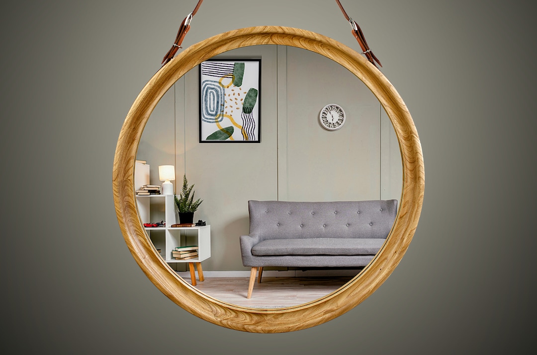 Vintage Style Round Mirror for Hallway, Elegant Leather Strap Hanging