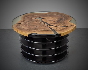 Modern Living Room Coffee Table, Premium Clear Epoxy Round Table, Luxury Resin Coffee Table, Ringed Tiered Table Base, Custom Home Furniture
