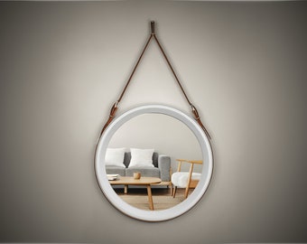 Minimalist Round Oak Hanging Mirror With Leather Strap, Modern Wall Decor, Entryway Mirror, Bathroom Vanity Mirror, Unique Housewarming Gift