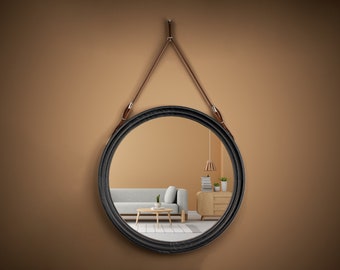 Black Oak Framed Hanging Mirror With Leather Strap, Living Room Accent Mirror, Wall Decor Gift, Modern Home Decor, Casual Style Mirror Gift