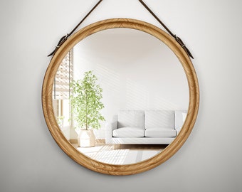 Personalized Large Round Mirror For Bathroom, Leather Strap Hanging Mirror, New Decor For Living Room, Unique Farmhouse Wall Mirror Gift